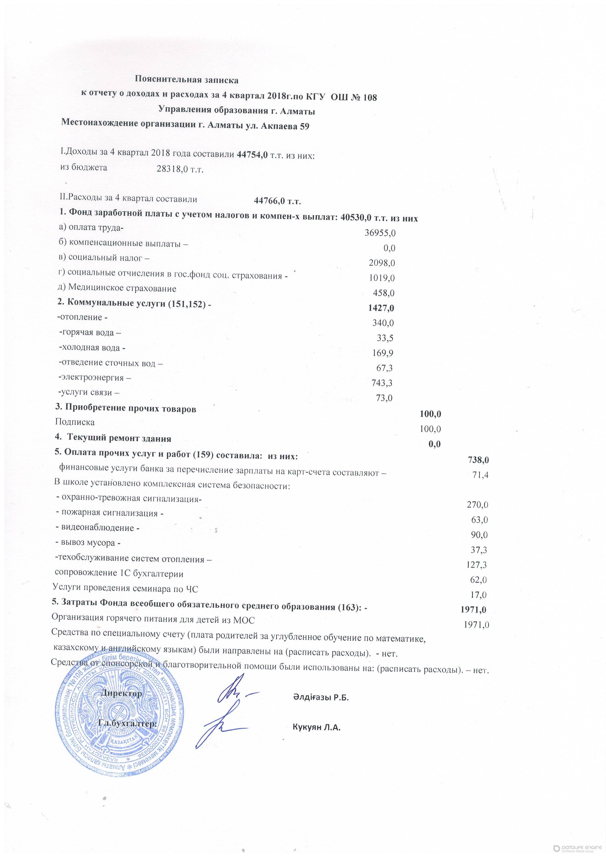 Отчёт о доходах и расходах за 4кв. 2018г.