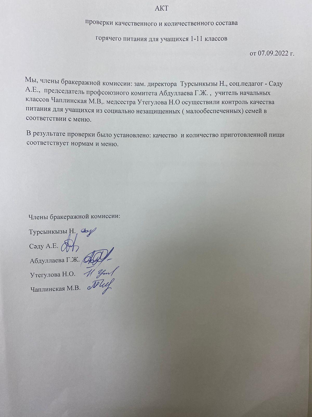 АКТ горячего питания для учащихся 1-11 классов
