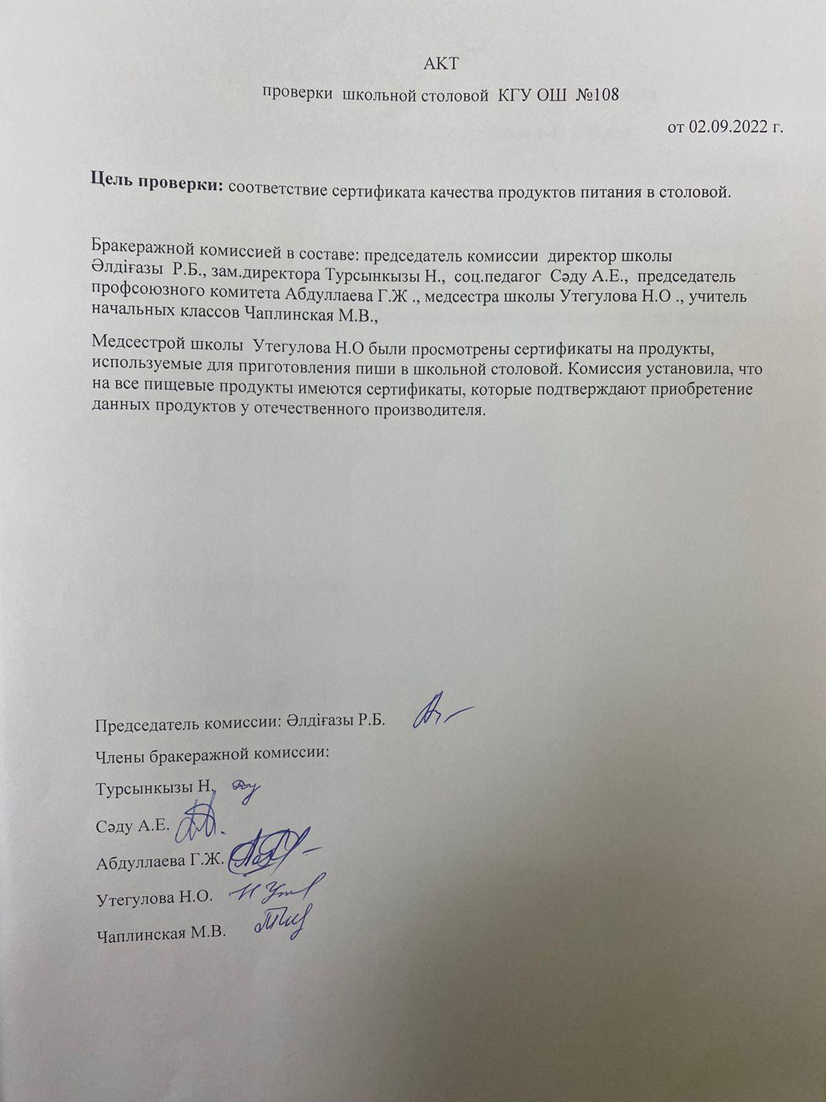 АКТ горячего питания для учащихся 1-11 классов