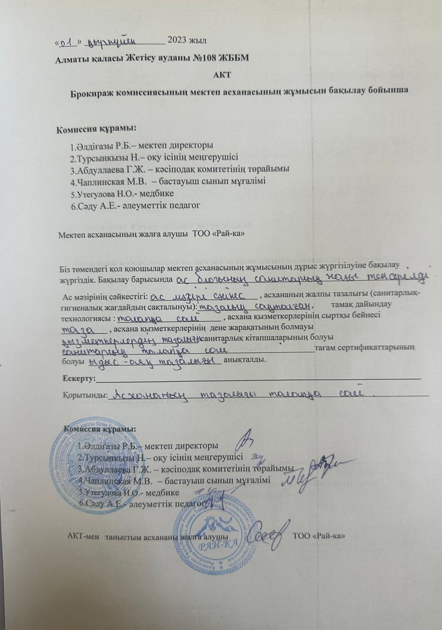 Бракераж комиссиясының мектеп асханасының жұмысын бақылау бойынша АКТ