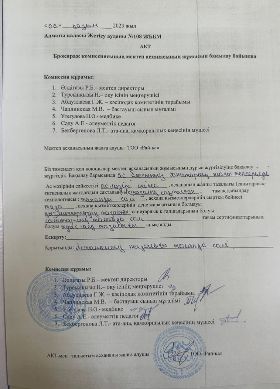 Бракераж комиссиясының мектеп асханасының жұмысын бақылау бойынша АКТ