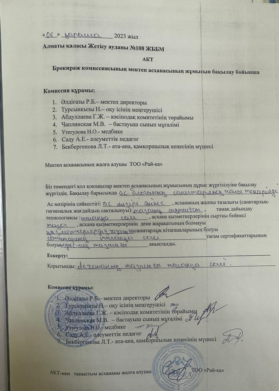 Бракераж комиссиясының мектеп асханасының жұмысын бақылау бойынша АКТ