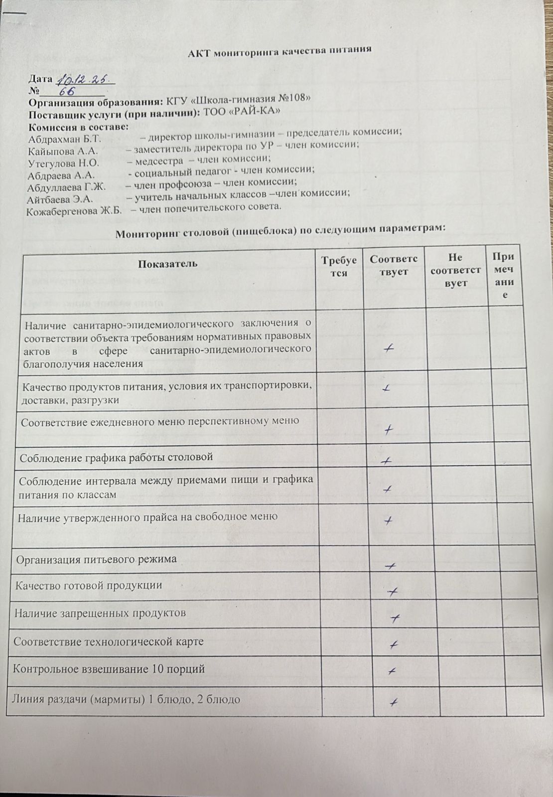 Бракераж комиссиясыныңмектеп асхана жұмысын бақылау АК